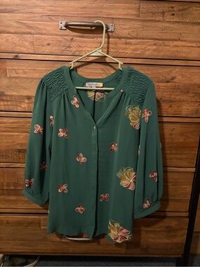 Forest Green Floral Embroidered Button-Front Blouse